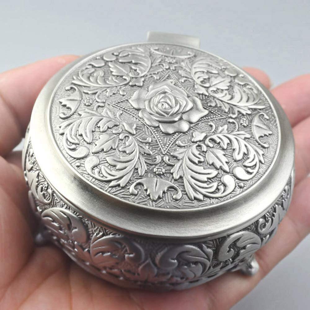5253 Round Emboss Alloy Metal Music Box Wind Up Antique Jewelry Musical